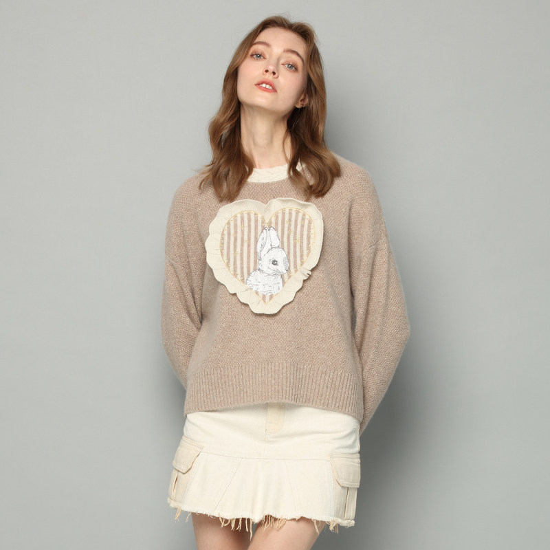 一眼心动~爱心&小兔子！纯羊绒衫圆领套头毛衣女宽松厚冬立体绣花,淘宝优惠券,粉丝福利购,淘宝优惠卷