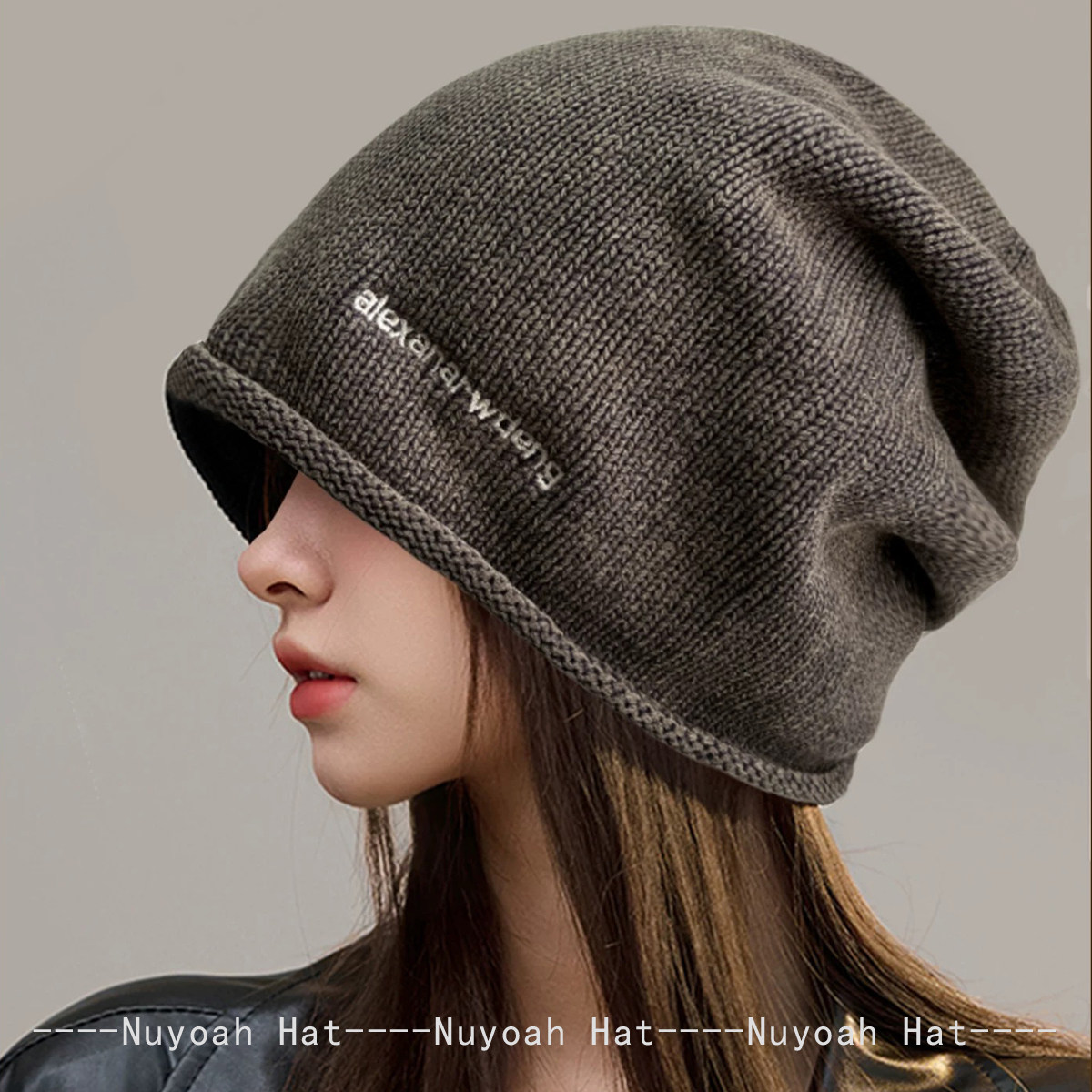 秋冬新款复古简约字母刺绣堆堆针织帽子男女保暖大头围冷帽套头帽,淘宝优惠券,粉丝福利购,淘宝优惠卷