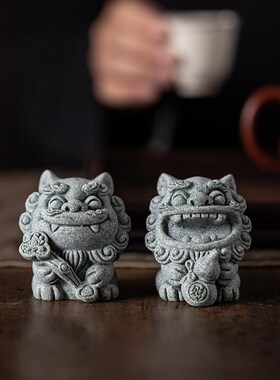 创意可爱风狮爷一对福禄茶宠摆件国潮石狮子鱼缸造景盆栽景观装饰