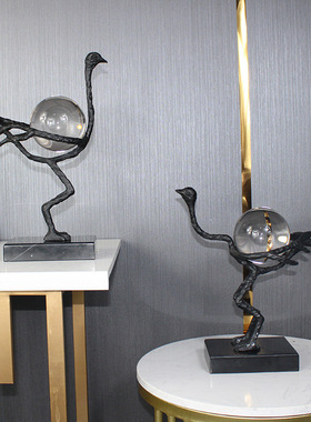 玄关电视柜金属鸵鸟动物摆设客厅创意桌面摆件别墅样板间软装饰品