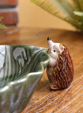 美式乡村创意可爱陶瓷小刺猬荷叶盘 收纳庭院摆件