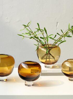 简约轻奢厚底圆形小口琉璃花茶色花端设计师客餐厅桌面花器