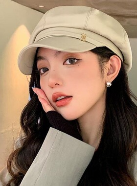 秋冬季新款PU皮八角贝雷帽女韩版