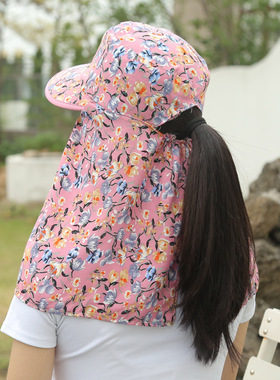 夏季女防晒护脸护颈遮阳帽碎花
