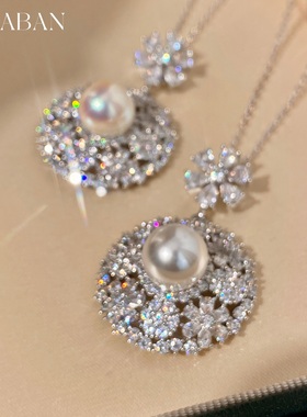 西大班满锆蕾丝五花珍珠吊坠项链