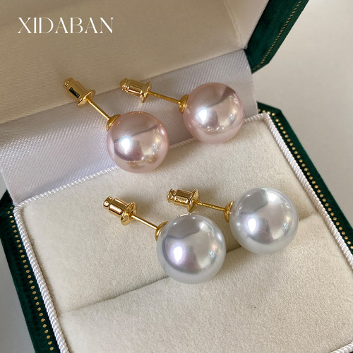 西大班 人造澳白仿日本粉光akoya珍珠耳钉纯银女伴彩无耳洞耳夹饰 - 图1