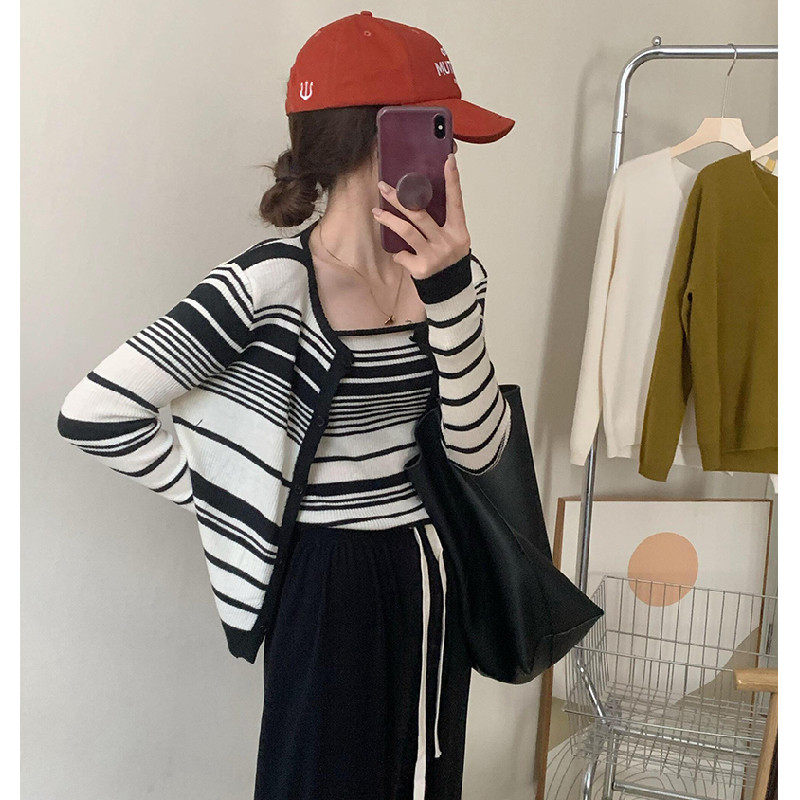 条纹针织吊带开衫两件套女2026春秋新款韩版时尚百搭修身显瘦上衣,淘宝优惠券,粉丝福利购,淘宝优惠卷