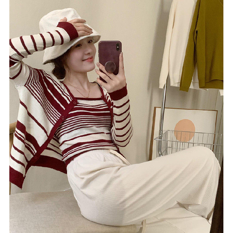 条纹针织吊带开衫两件套女2026春秋新款韩版时尚百搭修身显瘦上衣,淘宝优惠券,粉丝福利购,淘宝优惠卷