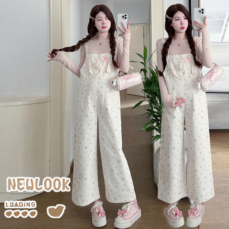 孕妇套装春秋2026新款小兔碎花牛仔背带裤粉色上衣套装休闲百搭女,淘宝优惠券,粉丝福利购,淘宝优惠卷
