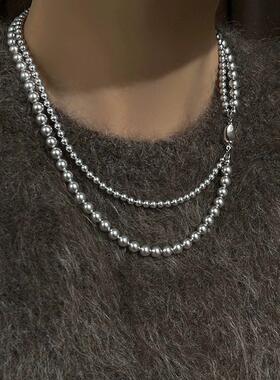 新加坡chomelkinsey灰色珍珠双层项链女精致轻奢小众毛衣链锁骨链