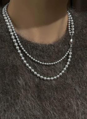 新加坡chomelkinsey灰色珍珠双层项链女精致轻奢小众毛衣链锁骨链