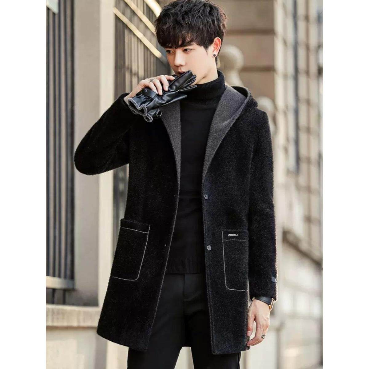 水貂绒毛呢大衣男中长款连帽修身冬季新款男士加厚休闲风衣外套潮,淘宝优惠券,粉丝福利购,淘宝优惠卷