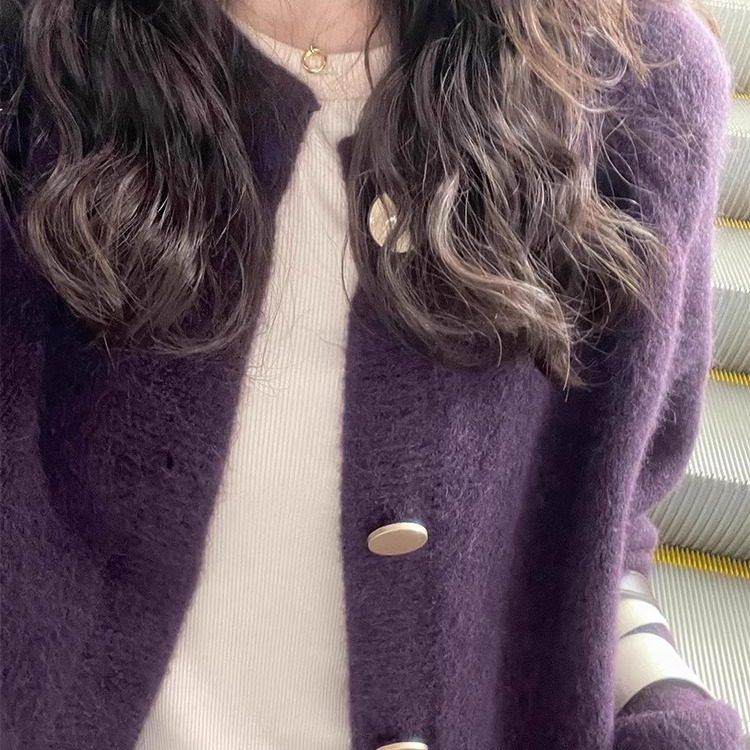 法式rouje damas紫色针织开衫女秋冬加厚浣熊绒短款毛衣外套上衣,淘宝优惠券,粉丝福利购,淘宝优惠卷