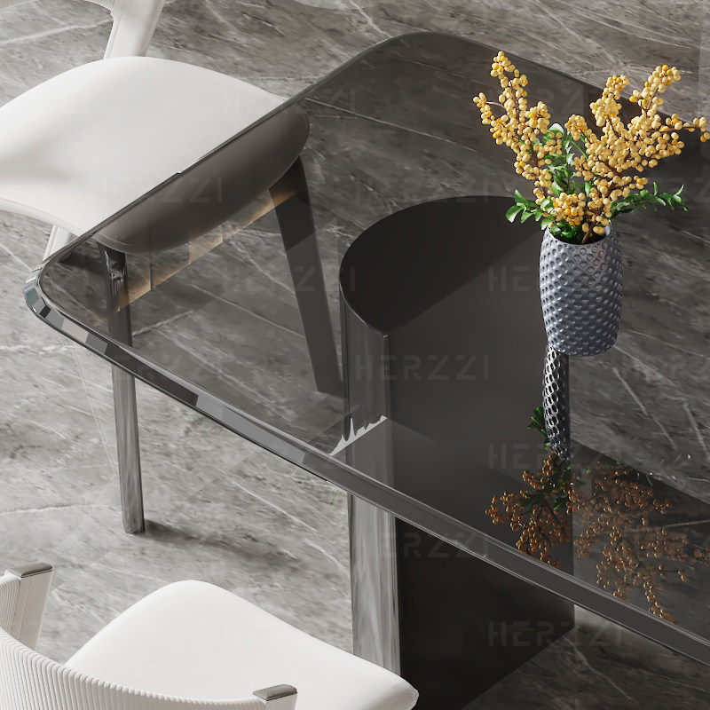 HERZZI家用意式极简轻奢餐桌椅子组合简约钢化玻璃饭桌子鱼肚桌,淘宝优惠券,粉丝福利购,淘宝优惠卷