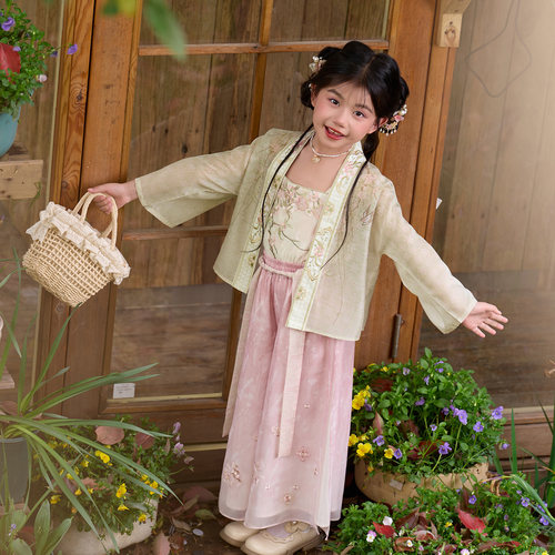 十三余童装【杏花约】对襟衫植绒吊带渐变印花宋裤汉元素女童套装 - 图0