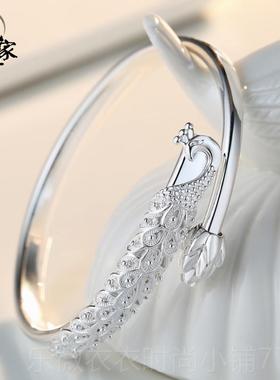 新款戴家匠凤凰手纯女 999银手镯 足银口镯实心镯子手开环送妈妈