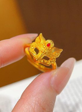 越南沙金澜焰狐狸面具戒指女仿真黄金国潮指环小众轻奢高级感配饰