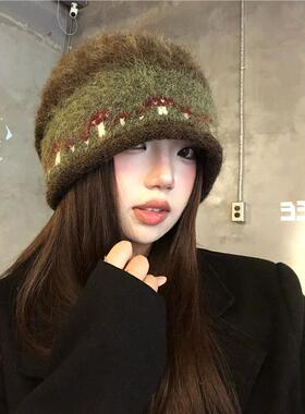 费尔岛复古卷边堆堆帽女秋冬2025新款保暖冷帽慵懒风护耳包头帽子