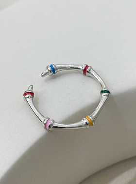 925纯银竹节戒指彩色滴釉小众ins