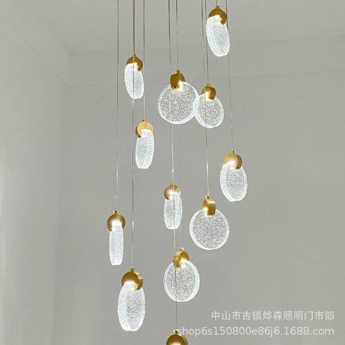 楼梯吊灯长吊灯轻奢别墅后现代北欧挑高跃层客厅loft复式圆水晶灯 - 图0