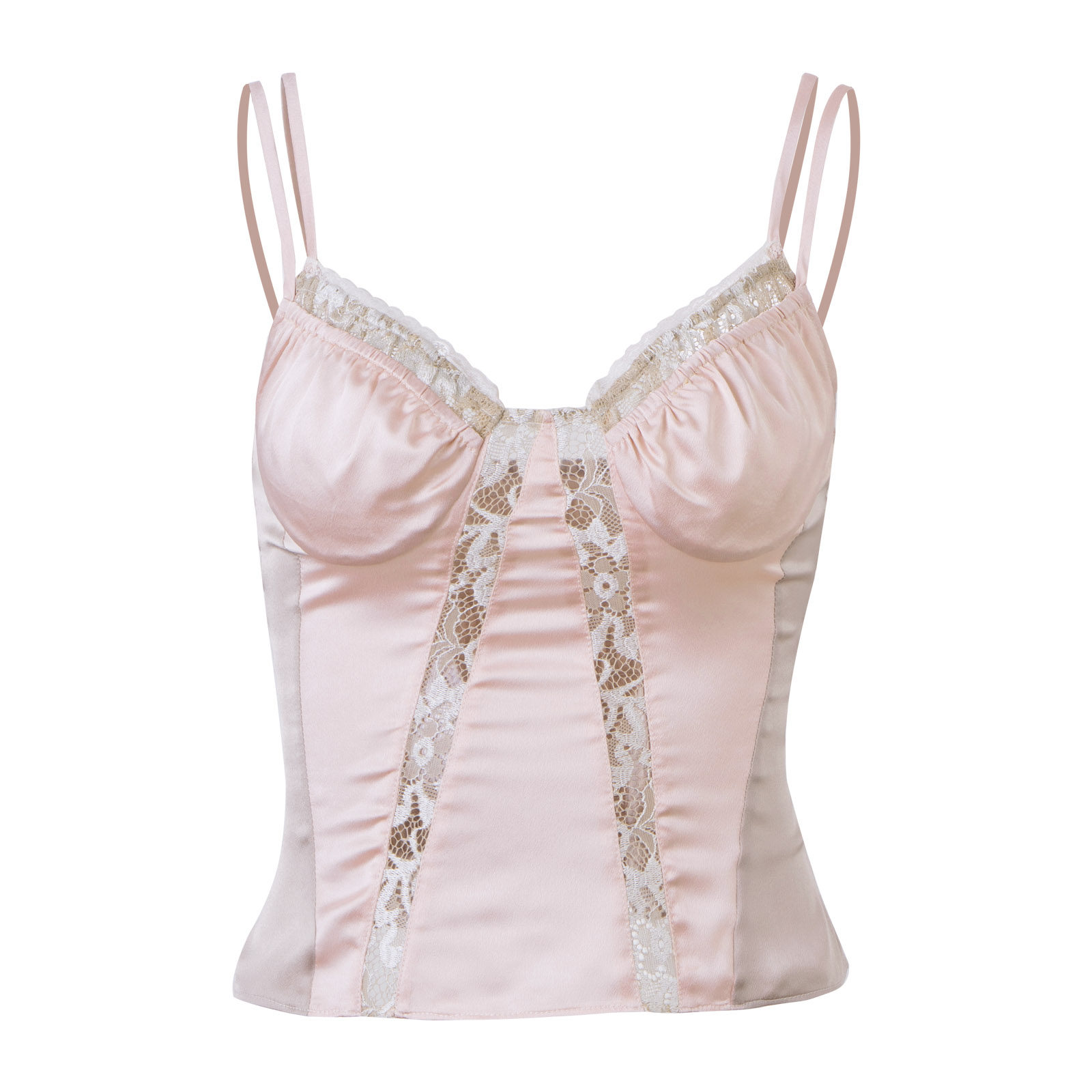 PynkiSwear香槟色/浅粉色缎面V领吊带女蕾丝拼接修身镂空背心上衣,淘宝优惠券,粉丝福利购,淘宝优惠卷