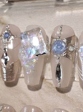 AI冰蓝色猫眼蝴蝶爆闪欧泊手工穿戴甲冰糖透底钻显白 SY轻奢美甲