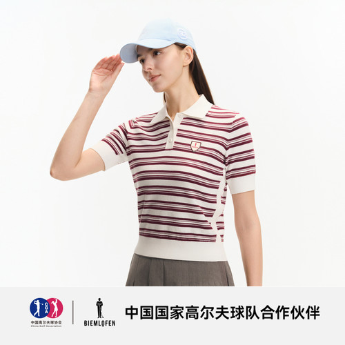 【包芯纱】比音勒芬高尔夫2025年秋新女士运动休闲条纹短袖针织衫 - 图0