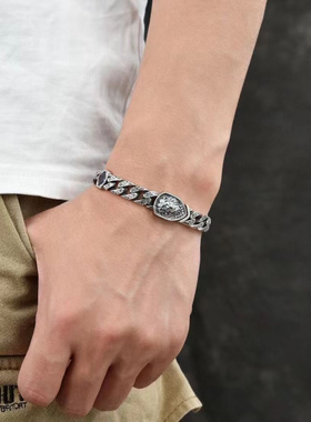 新款蓝色方狮子手链个性复古阿拉