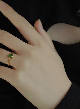 新款新中式落青竹绿色石头戒指女