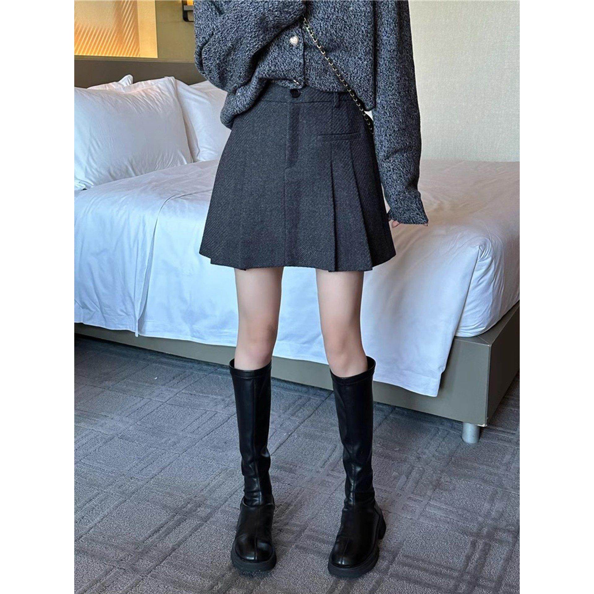 深灰色毛呢半身裙女秋冬高腰显瘦a字短裙防走光气质百搭百褶裙,淘宝优惠券,粉丝福利购,淘宝优惠卷