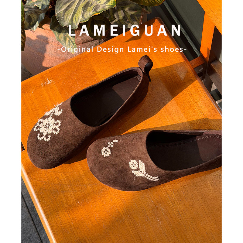 牛皮版！复古设计感刺绣乐福鞋豆豆鞋女2025新款真皮平底深口单鞋,淘宝优惠券,粉丝福利购,淘宝优惠卷