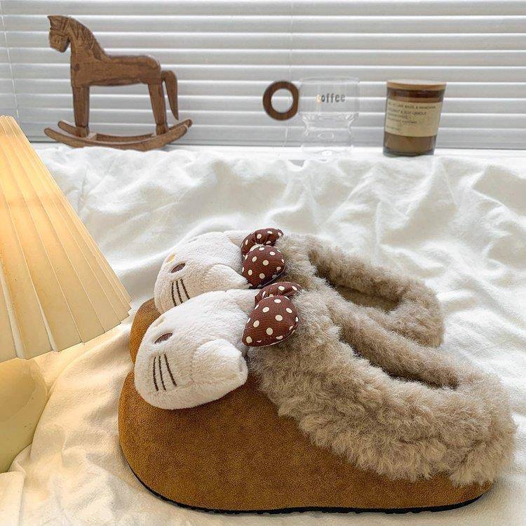 高颜值小猫蝴蝶结毛毛拖鞋女外穿2025冬季新款厚底增高勃肯棉拖鞋 - 图0