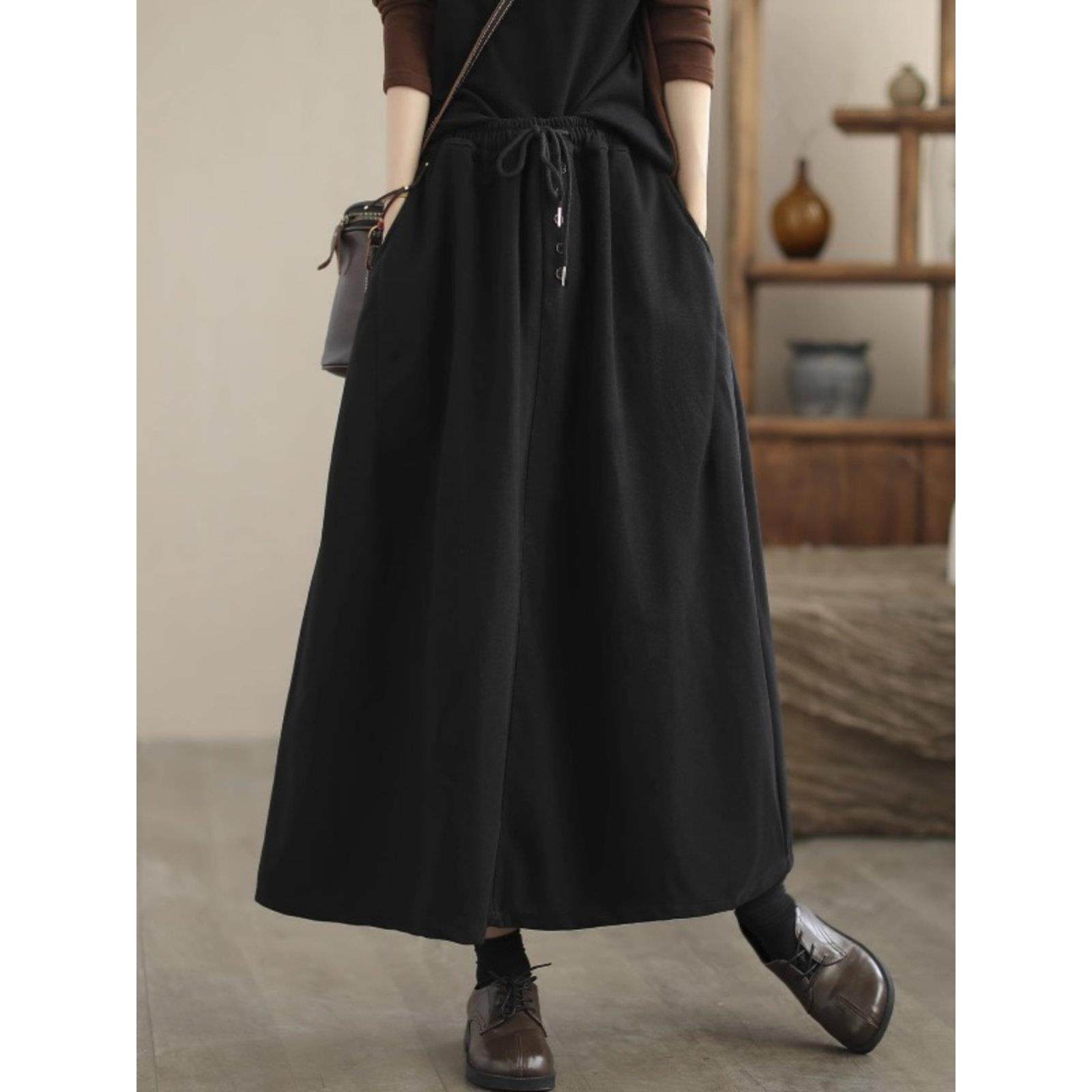 日系a字中长款半身裙女2025秋冬季新款高腰抽绳宽松显瘦伞裙,淘宝优惠券,粉丝福利购,淘宝优惠卷
