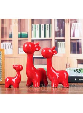 新款景镇陶瓷装德饰工艺品家居厅电视柜摆件喜庆红色长颈客婚鹿庆