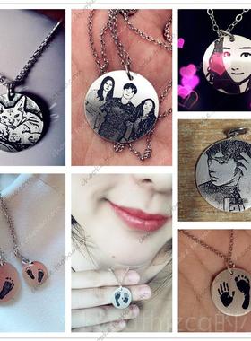 新款圆牌项链 男定制刻刻字照片DI图案纯银圆形女情侣锁骨链七夕