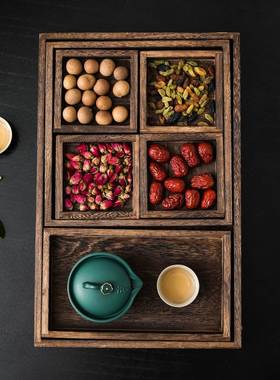 中式木质围炉煮茶盘茶具下午茶点干果零食点心水果收纳托盘食盒。