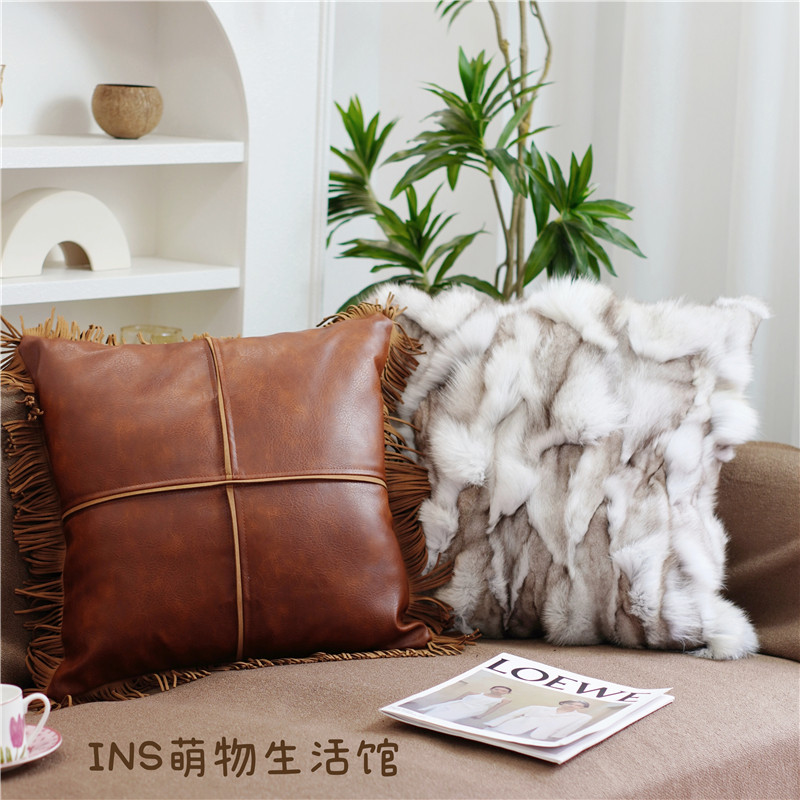 意式仿牛皮棕色复古风高级感抱枕真皮毛可拆洗飘窗靠垫沙发靠枕,淘宝优惠券,粉丝福利购,淘宝优惠卷