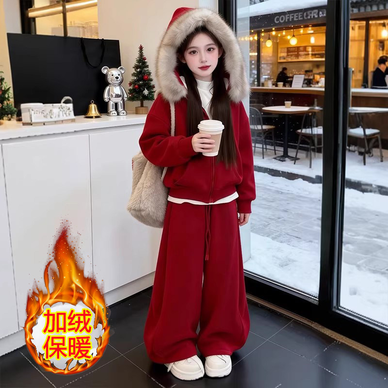 冬季加绒女童时尚外套儿童网红拼色连帽运动服时髦百搭休闲两件套,淘宝优惠券,粉丝福利购,淘宝优惠卷