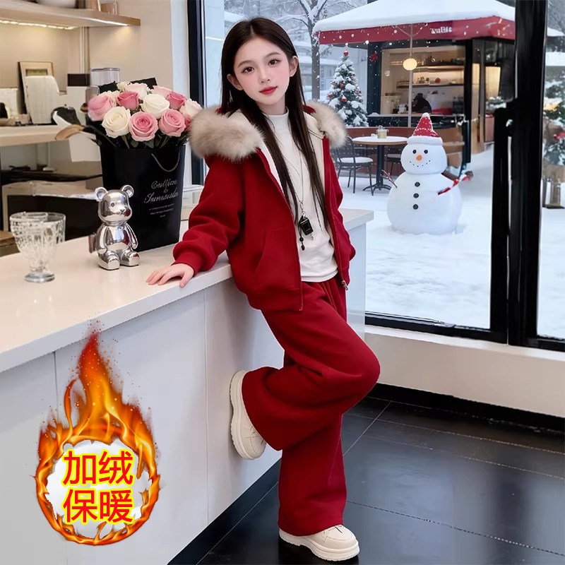冬季加绒女童时尚外套儿童网红拼色连帽运动服时髦百搭休闲两件套,淘宝优惠券,粉丝福利购,淘宝优惠卷