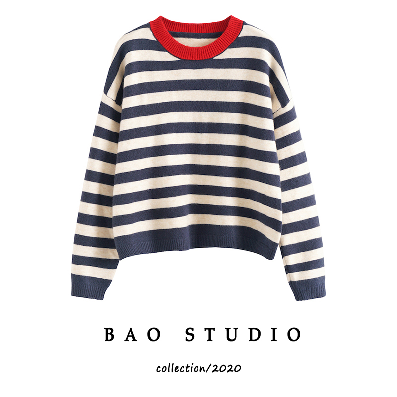 BAO STUDIO撞色领边圆领条纹毛衣秋季新款女装加厚短款套头针织衫