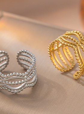 网红欧美气质法式复古小众设计不规则高级感18k金钛钢开口戒指女