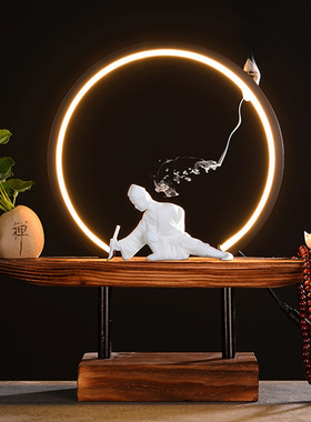 中式摆件新中式客厅大摆件禅意灯圈倒流香炉家居玄关装饰品