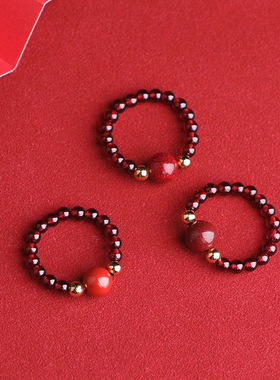 天然朱砂本命年小众新款戒指六字真言貔貅diy戒指低含量仿石榴石