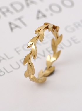 时尚小清新百搭树叶钛钢戒指18k金不锈钢食指切割藤条柳枝女个性