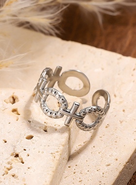 2025新款欧美流行开口不锈钢镂空几何戒指镀金钛钢潮流可调节