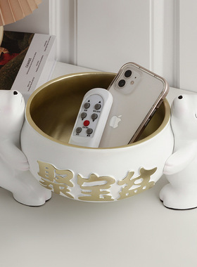 入户玄关进门口挂钥匙收纳摆件小熊托盘存钱罐轻奢客厅软装饰品