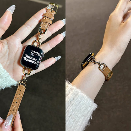 适用红米watch6表带Q字扣真皮牛仔链条腕带小米89Pro表链Redmi手表654秋冬华为Fit543表带苹果iWatch系列41mm - 图2