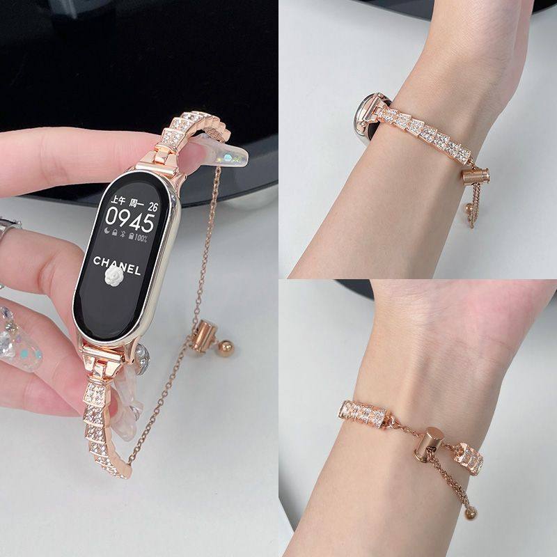 适用小米手环9表带新款龙骨镶钻金属表链小米9/8/7/6/5代高级女腕带9nfc版华为fit3小香风表带华为手环9表带,淘宝优惠券,粉丝福利购,淘宝优惠卷