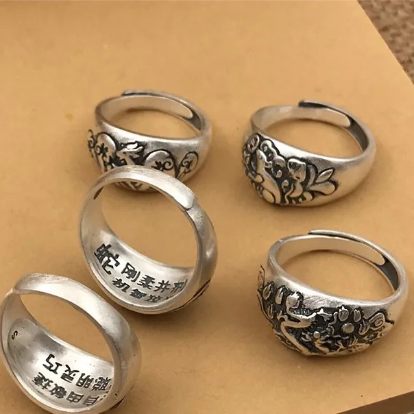 纯银复古十二生肖戒指升级版男女开口伸缩戒指环鼠牛虎兔蛇马狗猪 - 图1