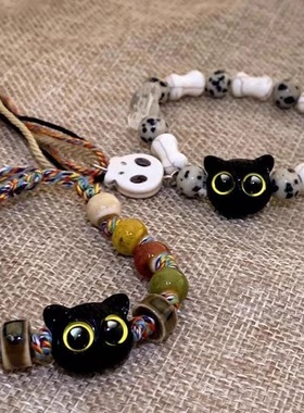 2025新款中国风流苏骷髅猫咪手链彩色陶瓷饰品时尚个性小众设计